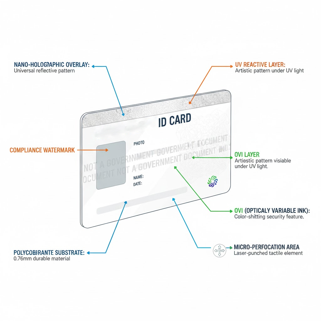 2026 novelty News ID detailed anatomy showing UV reactive layer, OVI printing, micro-perforation, holographic overlay, and compliance watermark zones