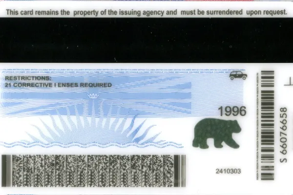 Buy British Columbla (BC) fake ID front view online